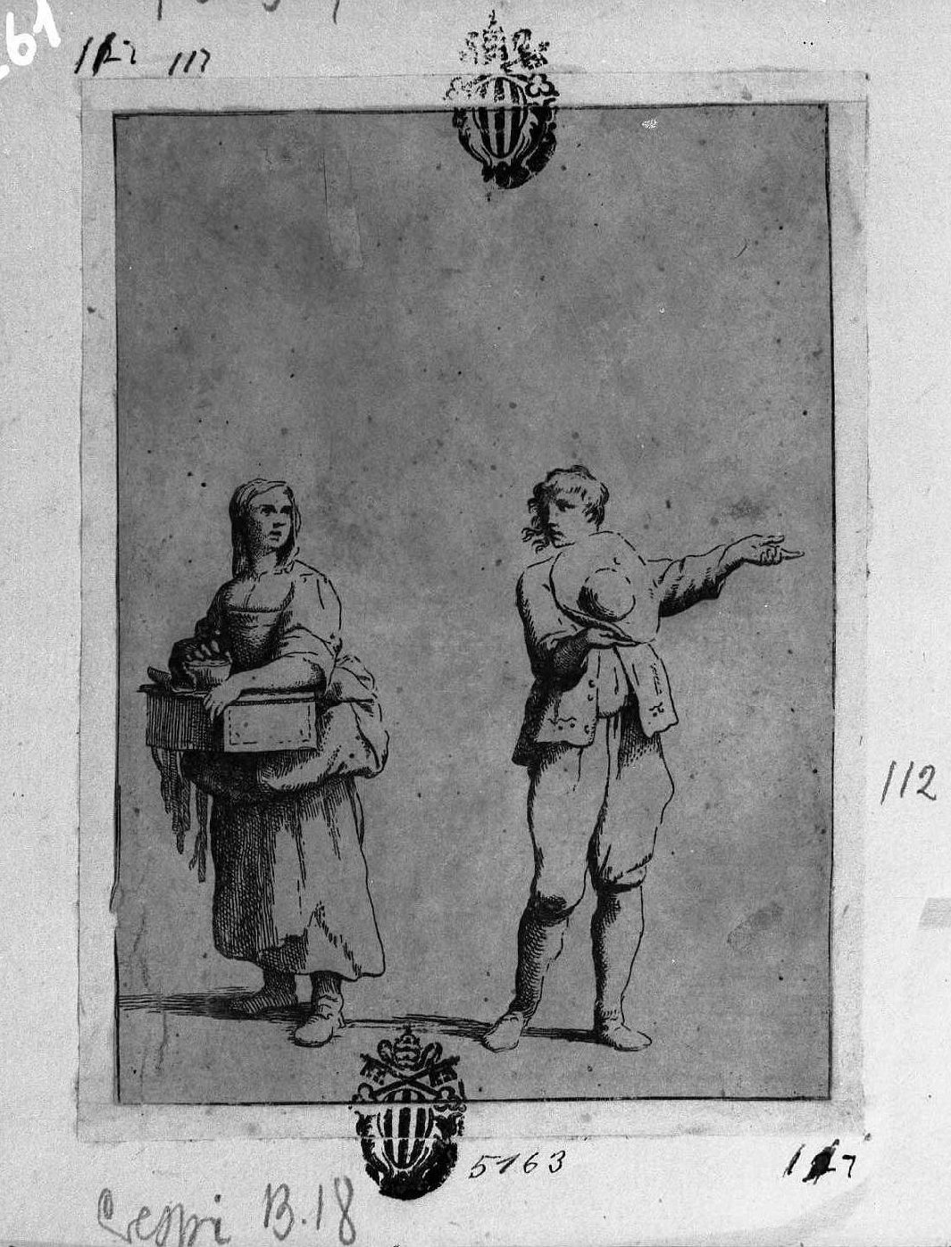 Uomo con cappello e donna con? (stampa smarginata) di Crespi Giuseppe Maria detto Spagnolo (sec. XVIII)