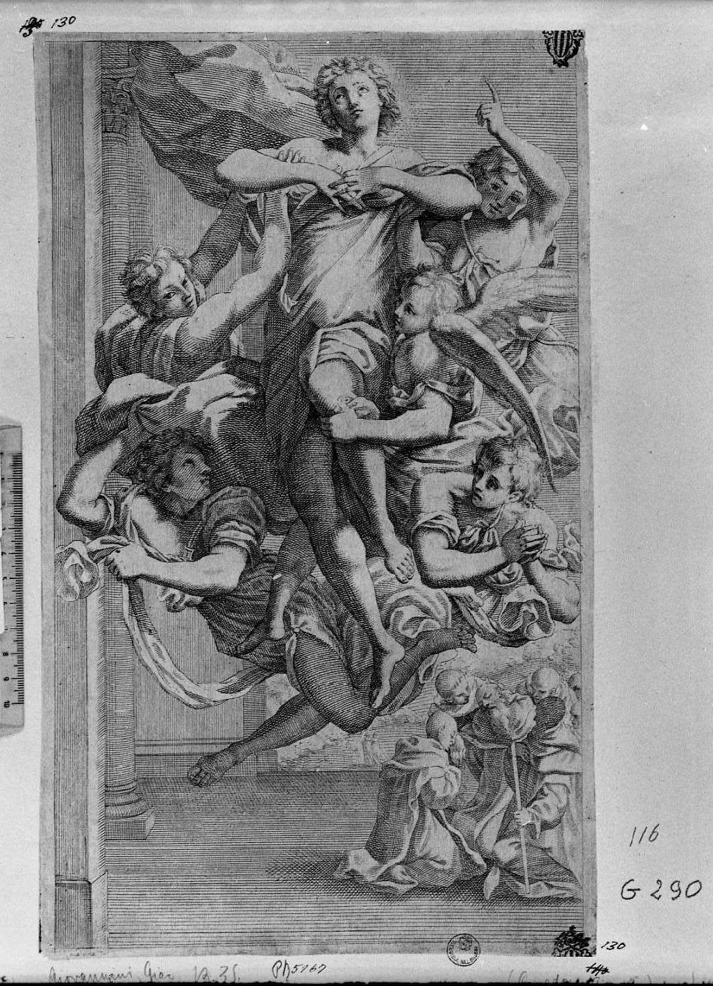 San Benedetto trasportato in cielo (stampa smarginata) di Giovannini Giacomo (secc. XVII/ XVIII)