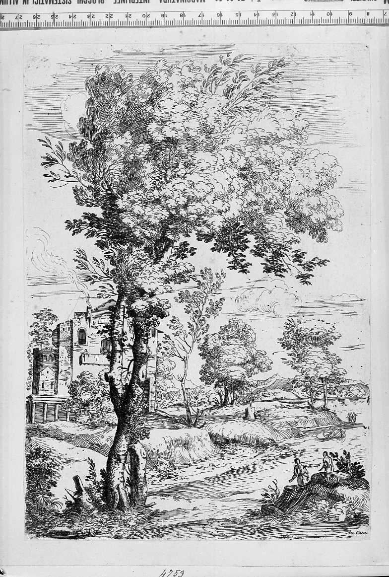 paesaggio con due uomini vicino a un fiume (stampa) di Carracci Annibale, Grimaldi Giovan Francesco detto Bolognese (sec. XVII)