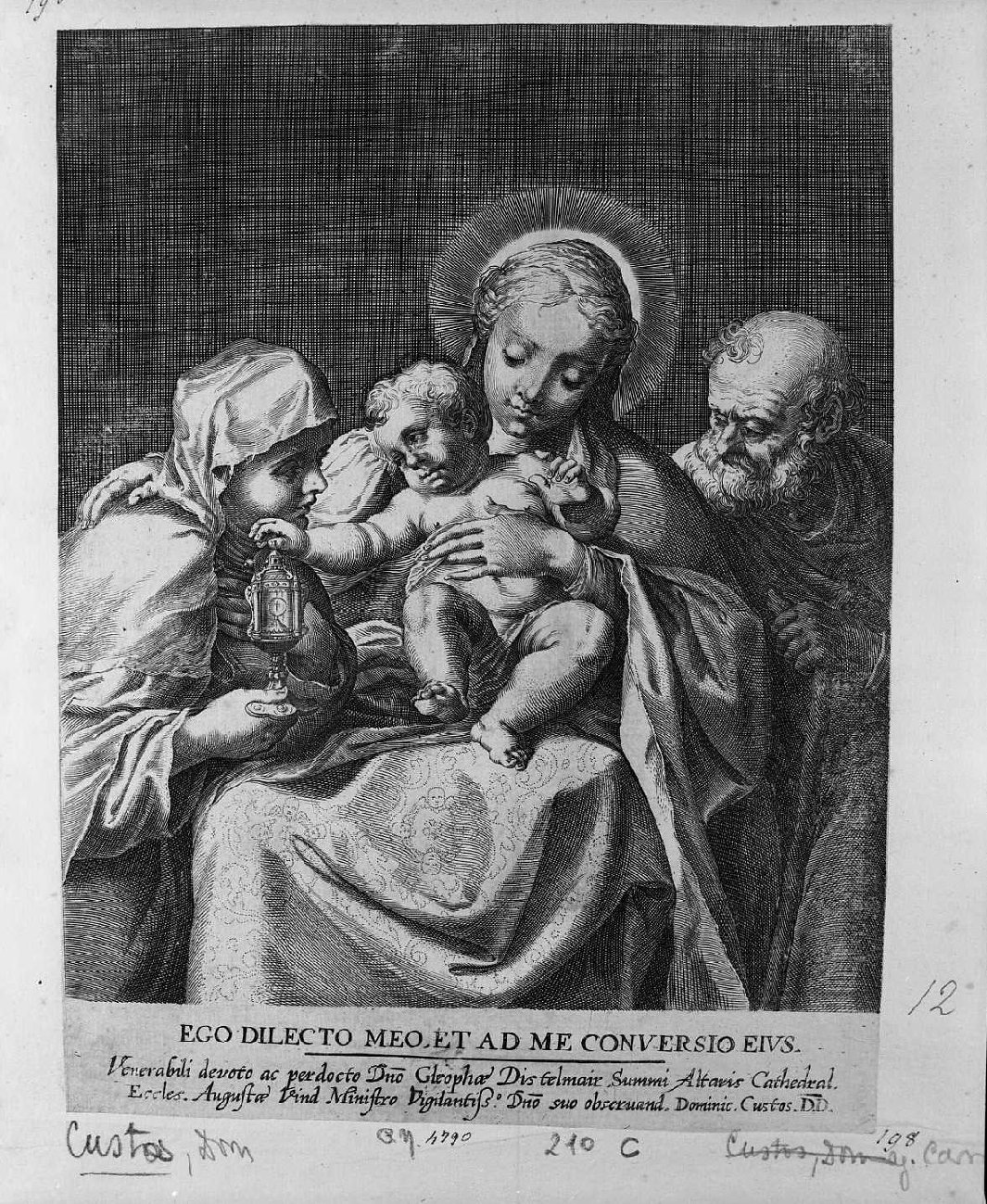 Sacra Famiglia con santa Chiara (stampa) di Carracci Annibale, Custos Dominicus (secc. XVI/ XVII)