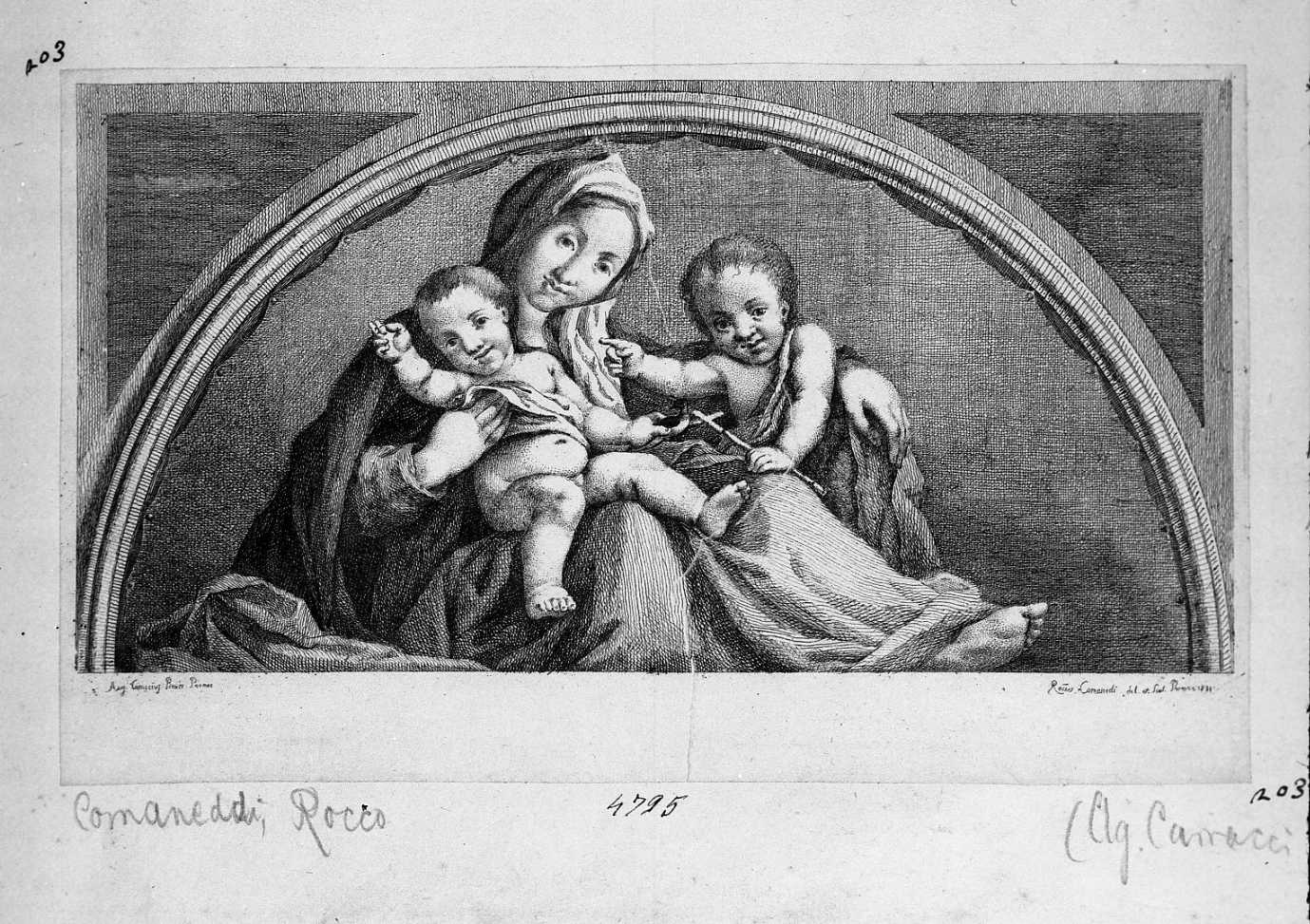 Madonna con Bambino e San Giovannino (stampa) di Carracci Agostino, Comaneddi Rocco (sec. XVIII)