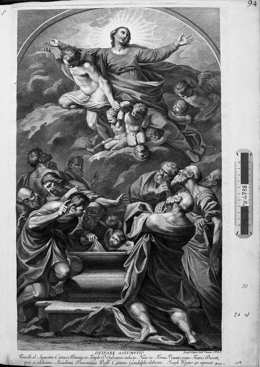 assunzione della Madonna (stampa smarginata) di Carracci Agostino, Wagner Joseph (sec. XVIII)