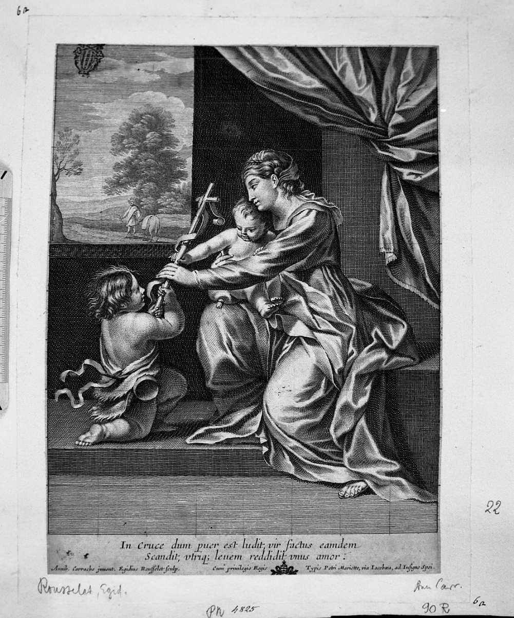 Madonna con Bambino e san Giovannino (stampa smarginata) di Rousselet Aegidius, Carracci Annibale (sec. XVIII)