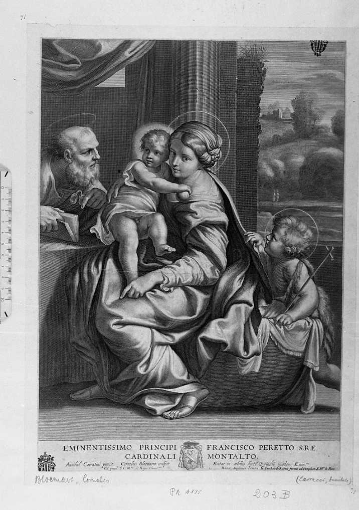 Sacra Famiglia con san Giovannino (stampa smarginata) di Carracci Annibale, Bloemaert Cornelis il Giovane (sec. XVII)