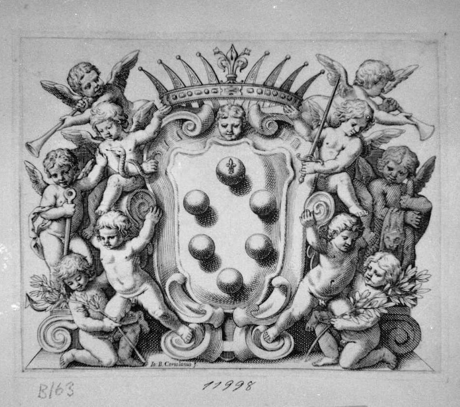 Stemma Mediceo contornato da Putti (stampa) di Coriolano Giovanni Battista (sec. XVII)
