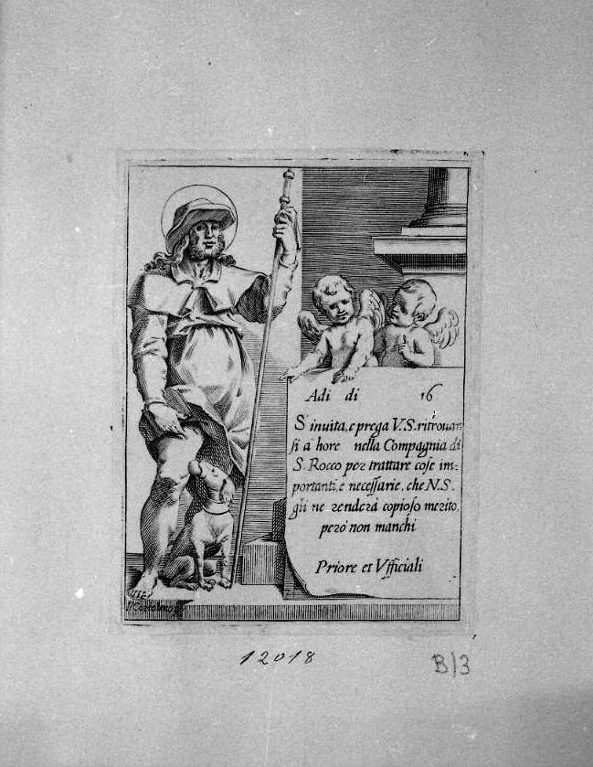 Invito della compagnia di S. Rocco (stampa) di Coriolano Giovanni Battista (sec. XVII)