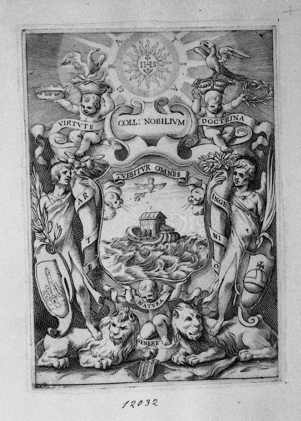 Stemma del collegio dei Nobili sormontato dal simbolo della confraternita di Gesù (stampa) di Coriolano Giovanni Battista (attribuito) (sec. XVII)