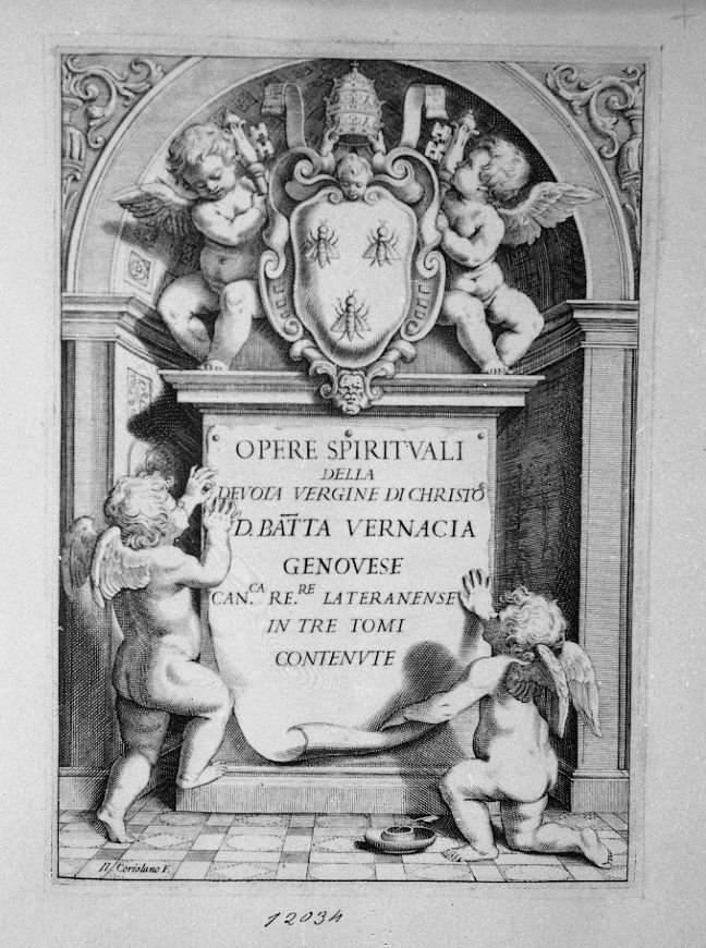 Frontespizio "OPERE SPIRITUALI..." (stampa) di Coriolano Giovanni Battista (sec. XVII)