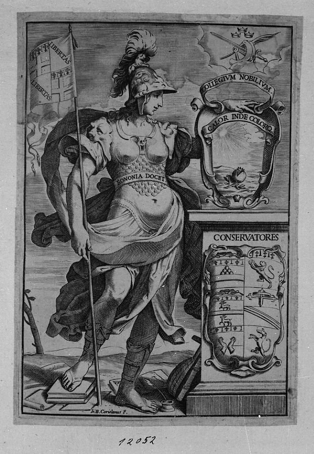 Frontespizio allegoria di Bologna e stemma "COLLEGIOM NOBILIUM..." (stampa) di Coriolano Giovanni Battista (sec. XVII)