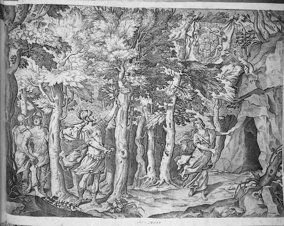 Scena mitologica con stemma Gonzaga (stampa) di Coriolano Giovanni Battista (sec. XVII)