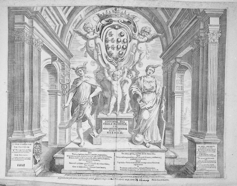 Stemma Farnese-Medici"SERENISSIMAE DUCI PARMAE" (stampa) di Coriolano Giovanni Battista (attribuito) (sec. XVII)