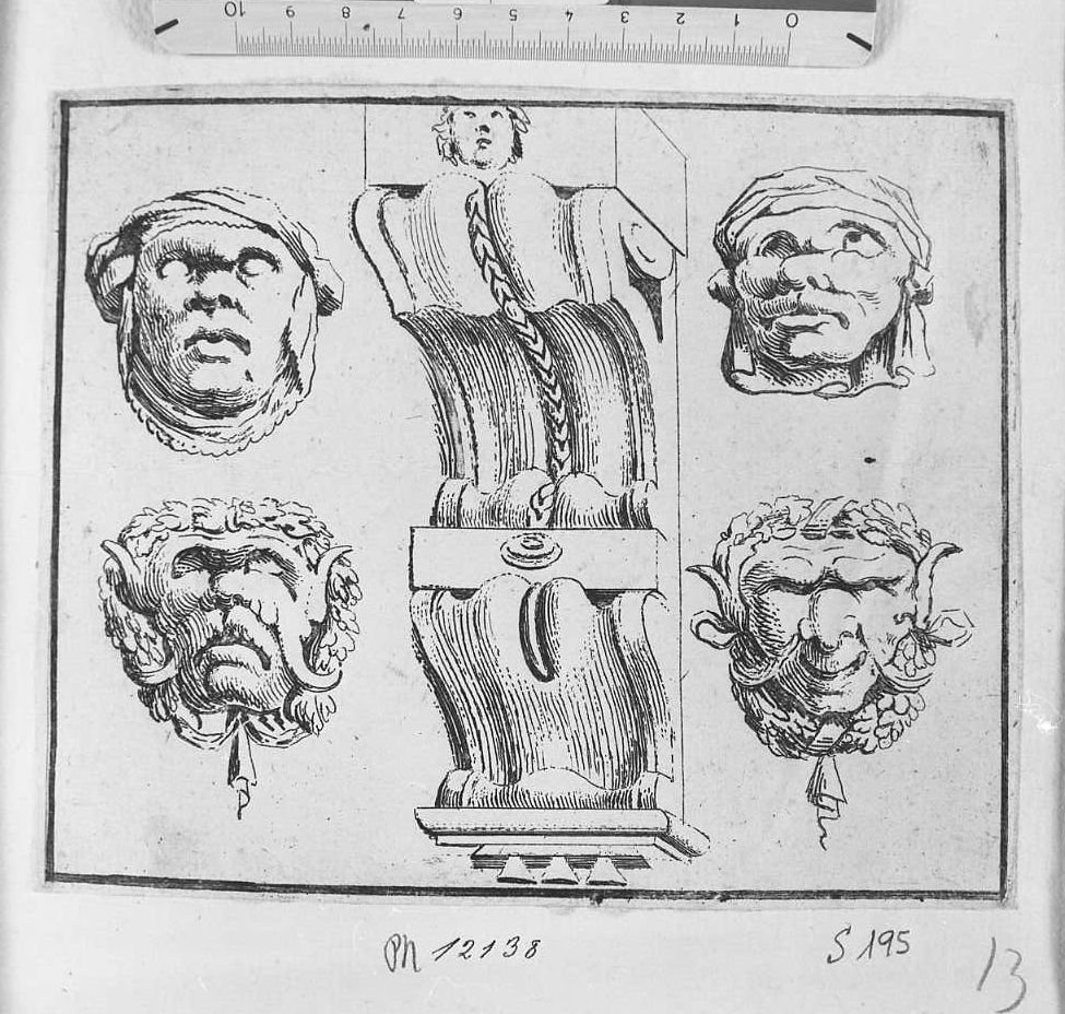 Un capitello e quattro teste grottesche (stampa) di Santi Domenico detto Mengazzino (sec. XVII)