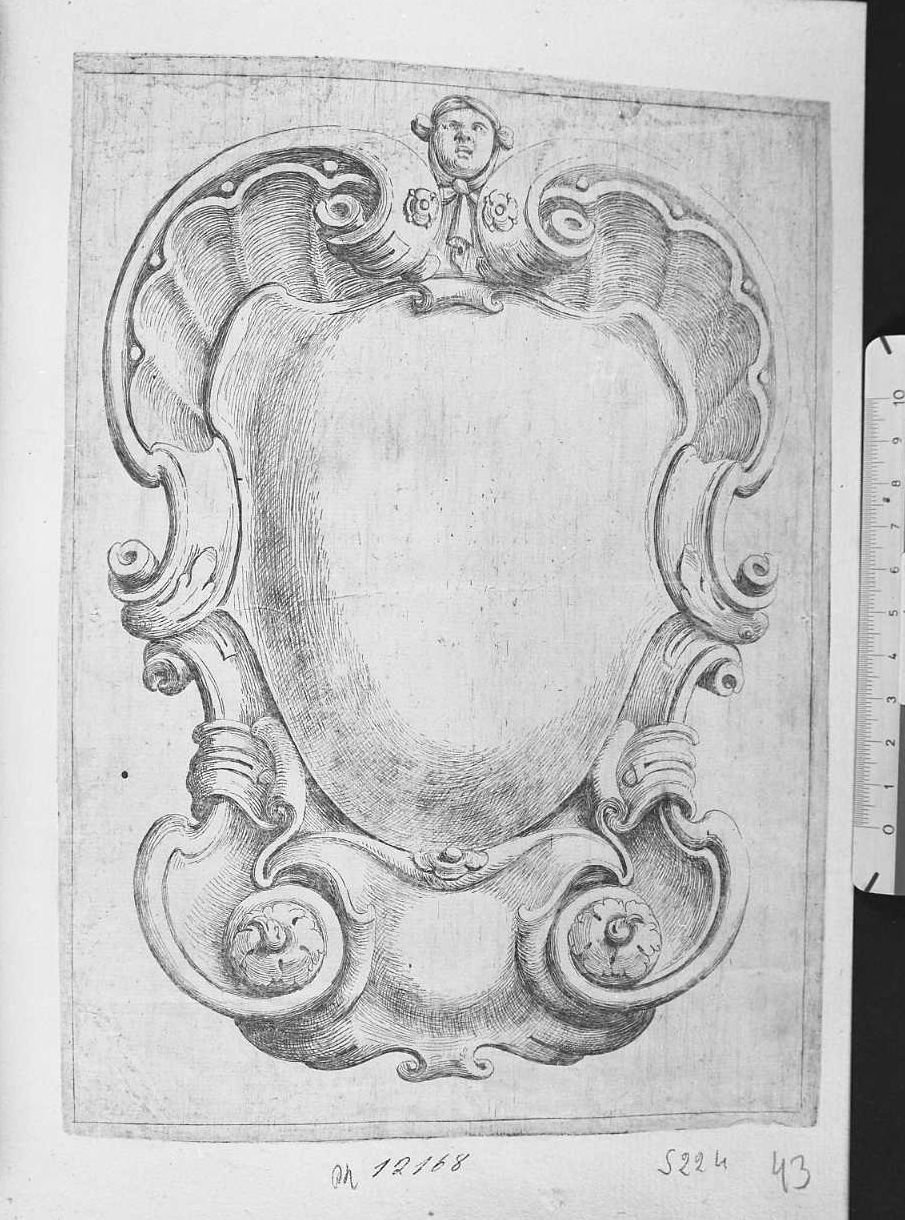 Ornato per cornice a guisa di scudo e grottesca sopra (stampa) di Santi Domenico detto Mengazzino (secc. XVII/ XVIII)