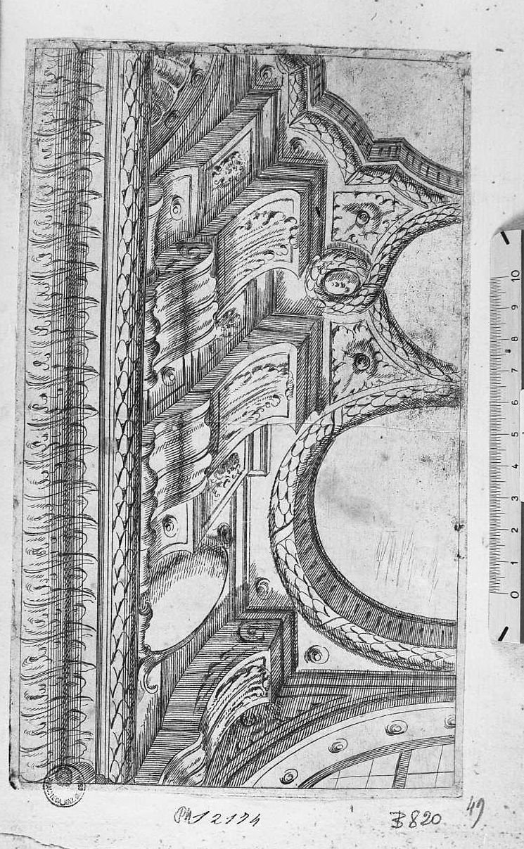 Disegno architettonico: fregio sopra la finestra (stampa) di Buffagnotti Carlo Antonio (attribuito) (sec. XVII)