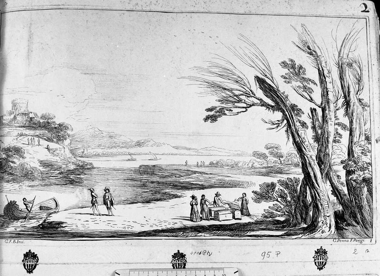 paesaggio fluviale (stampa) di Barbieri Giovanni Francesco detto Guercino, Pesne Jean (sec. XVII)