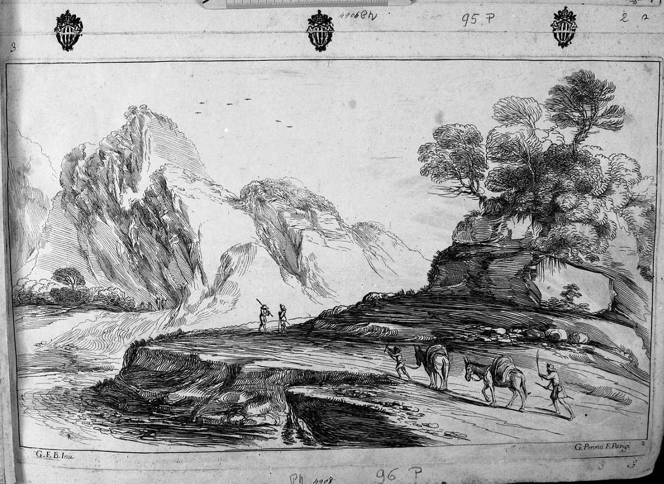 paesaggio montuoso (stampa) di Pesne Jean, Barbieri Giovanni Francesco detto Guercino (sec. XVII)