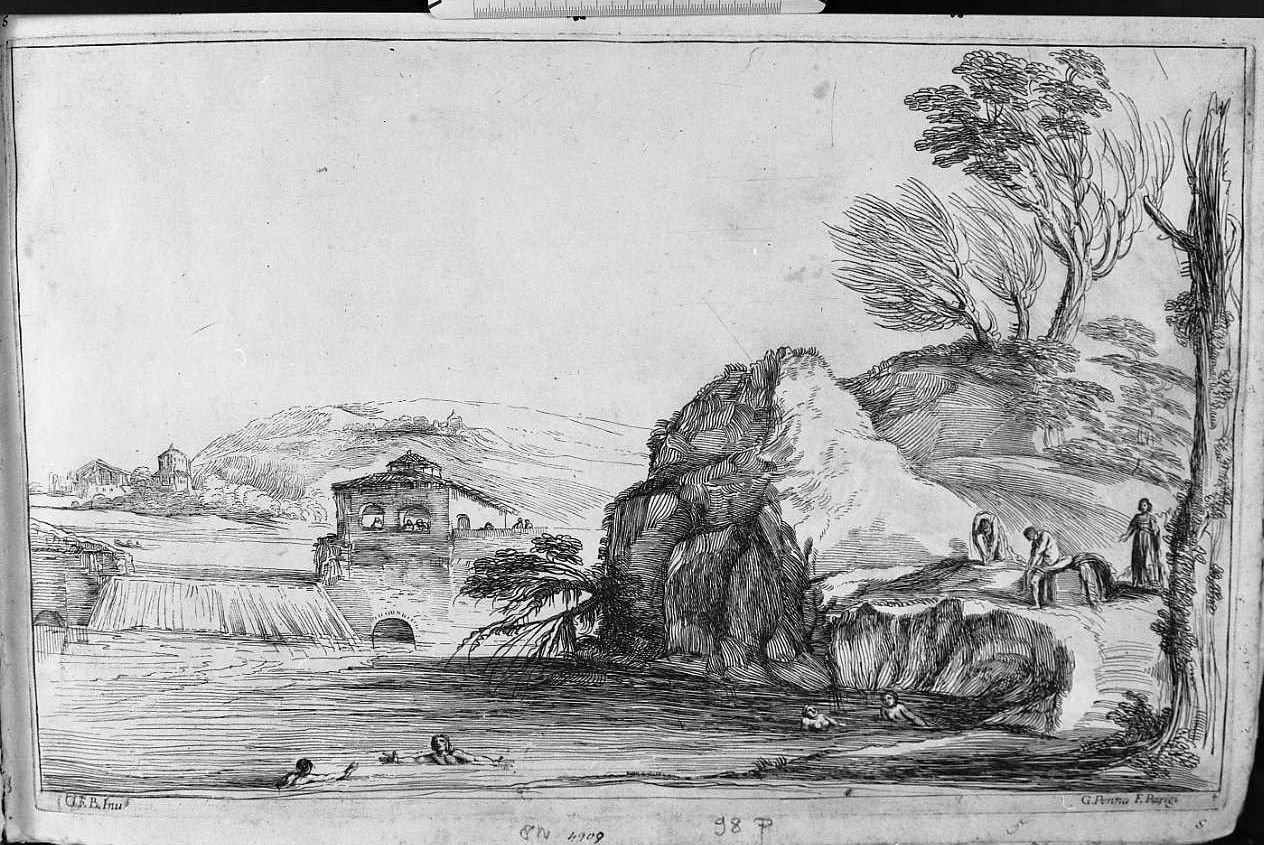 paesaggio fluviale (stampa) di Pesne Jean, Barbieri Giovanni Francesco detto Guercino (sec. XVII)