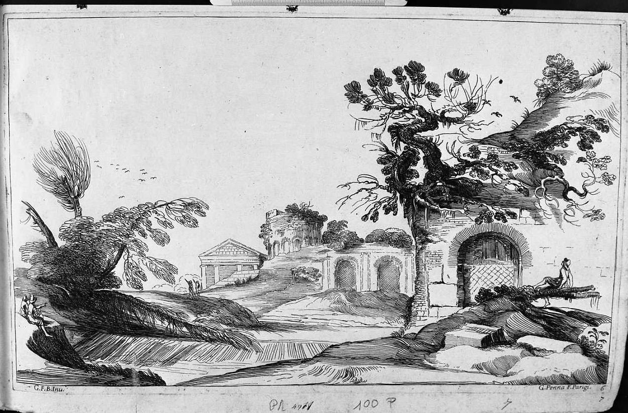 paesaggio con rovine (stampa) di Pesne Jean, Barbieri Giovanni Francesco detto Guercino (sec. XVII)