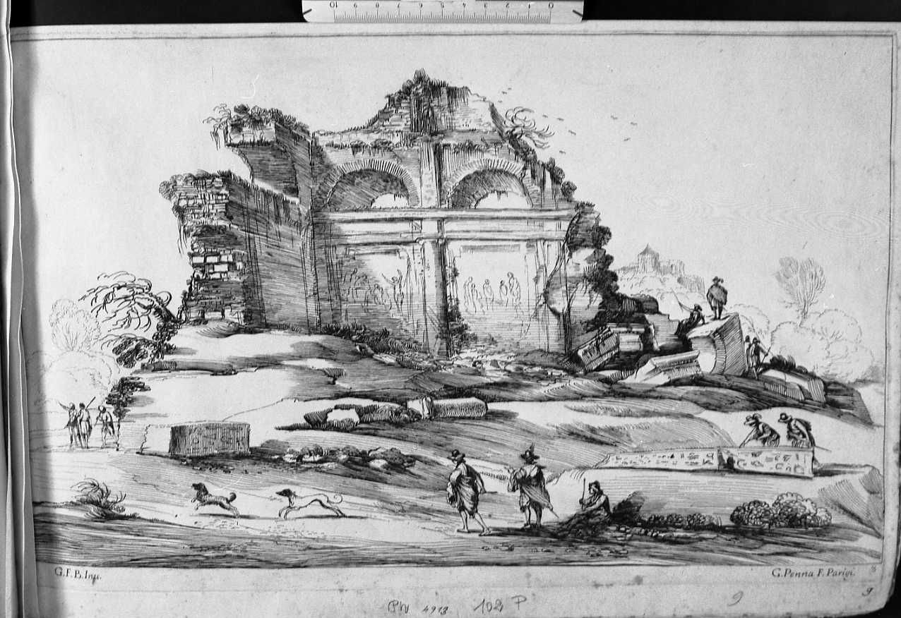 paesaggio con rovine (stampa) di Pesne Jean, Barbieri Giovanni Francesco detto Guercino (sec. XVII)