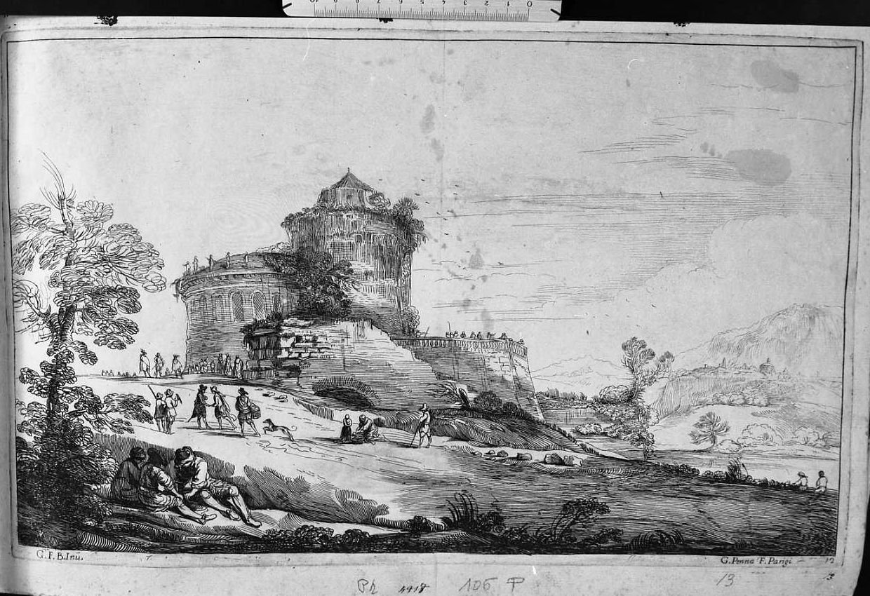 paesaggio con castello (stampa) di Pesne Jean, Barbieri Giovanni Francesco detto Guercino (sec. XVII)