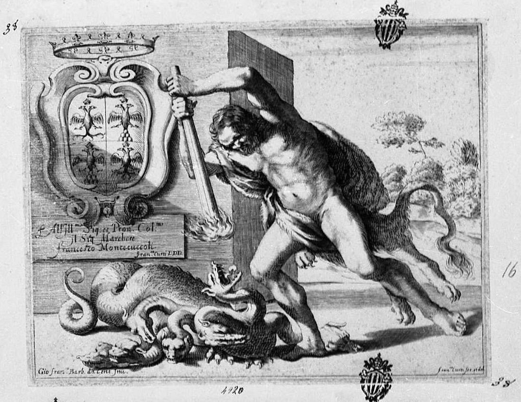 Ercole e l'idra (stampa) di Curti Francesco, Barbieri Giovanni Francesco detto Guercino (sec. XVII)