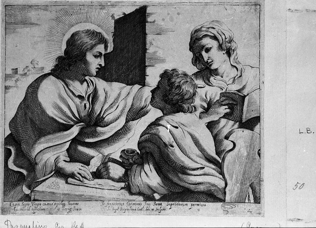 Madonna con Bambino e san Giovanni Evangelista (stampa) di Barbieri Giovanni Francesco detto Guercino, Pasqualini Giovan Battista (sec. XVII)