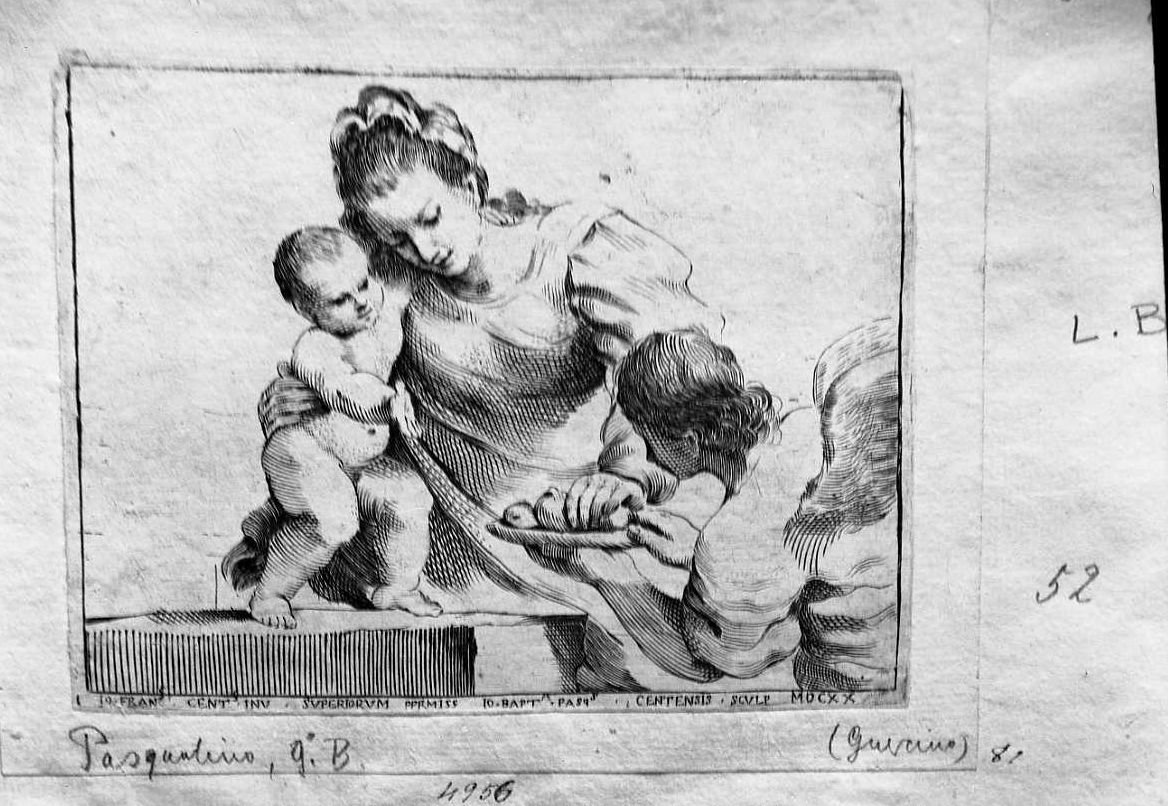 Madonna con Bambino e angelo (stampa) di Pasqualini Giovan Battista, Barbieri Giovanni Francesco detto Guercino (sec. XVII)