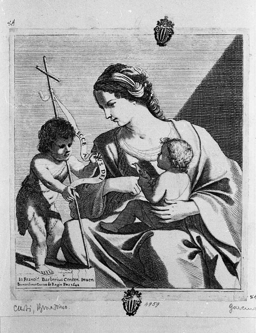 Madonna con Bambino e san Giovannino (stampa) di Barbieri Giovanni Francesco detto Guercino, Curti Bernardino (sec. XVII)