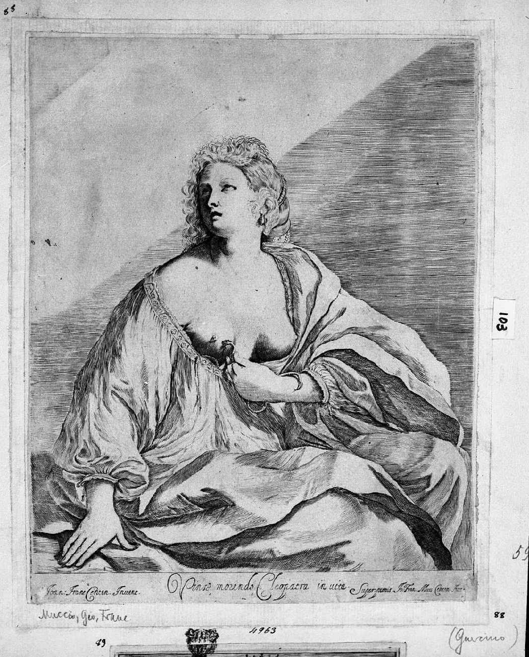 Cleopatra si fa pungere dall'aspide (stampa smarginata) di Barbieri Giovanni Francesco detto Guercino, Mucci Giovan Francesco (sec. XVII)