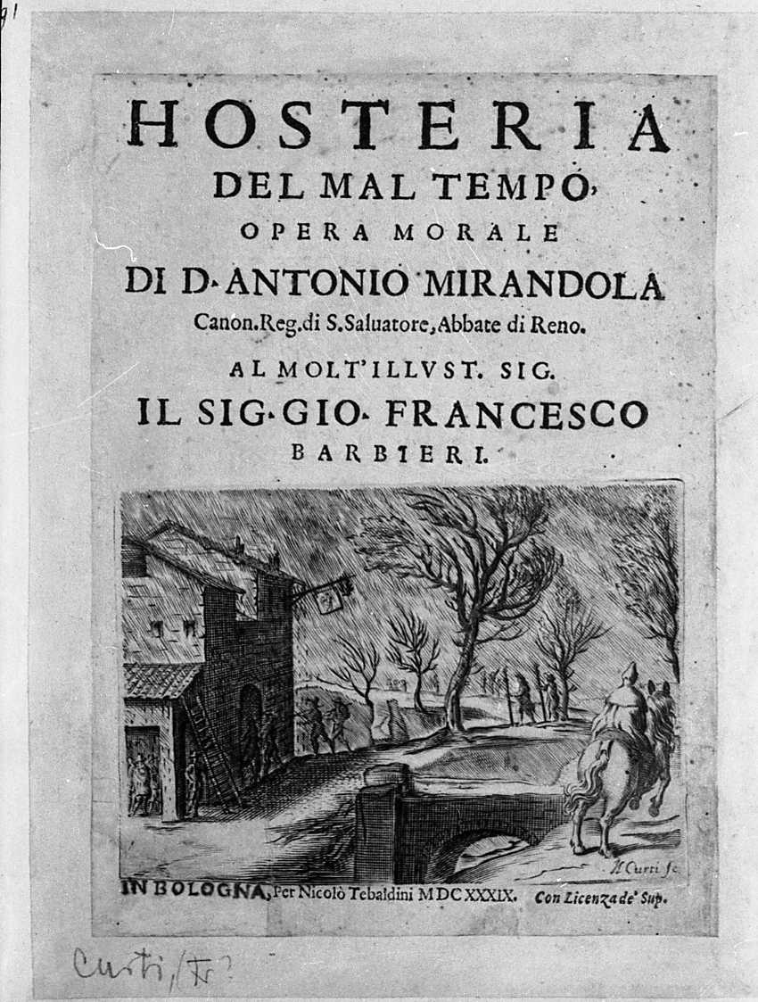 frontespizio per l'Hosteria del Mal Tempo di padre Antonio Mirandola (stampa) di Barbieri Giovanni Francesco detto Guercino, Curti Francesco (sec. XVII)