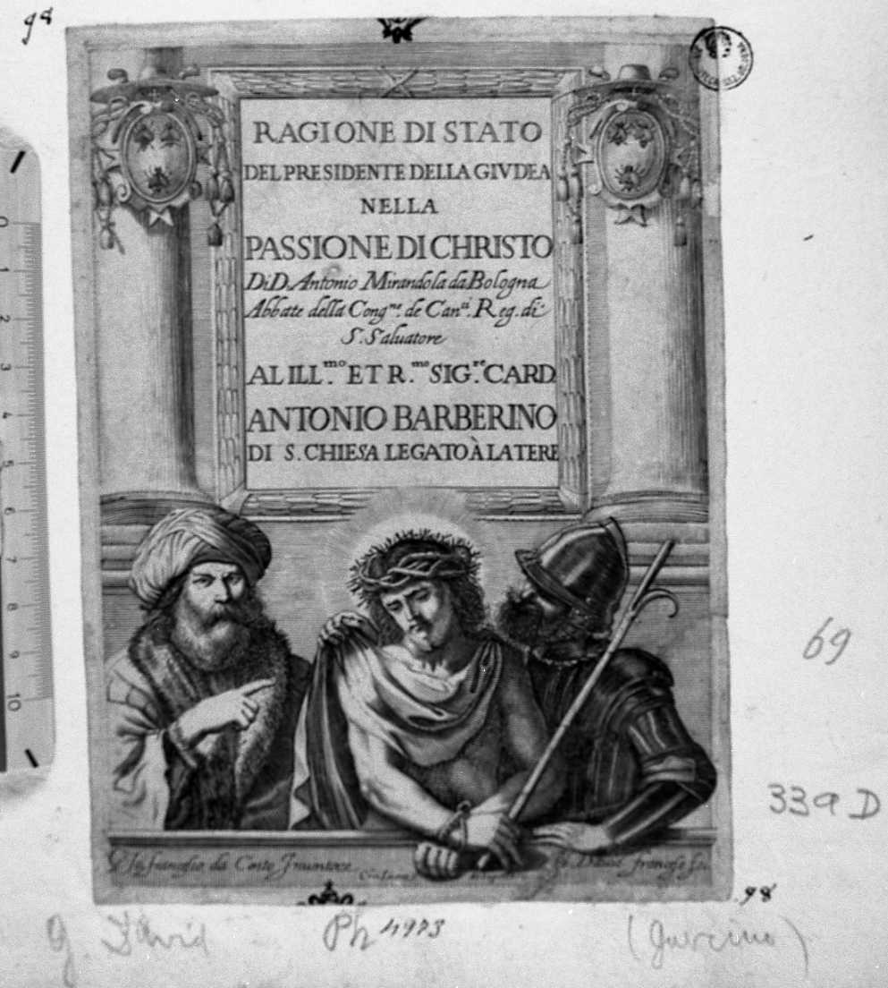 frontespizio alla Passione di Cristo dell'abate Mirandola (stampa) di David Jerome, Barbieri Giovanni Francesco detto Guercino (sec. XVII)
