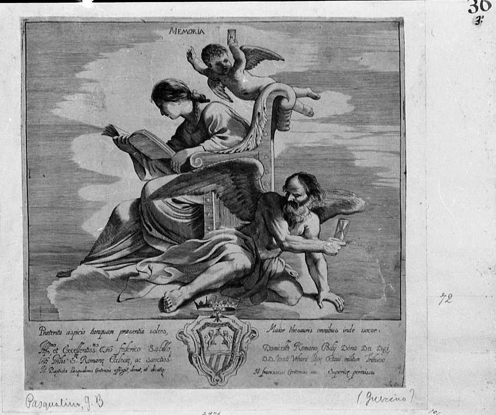 allegoria della Memoria e del Tempo (stampa) di Pasqualini Giovan Battista, Barbieri Giovanni Francesco detto Guercino (sec. XVII)