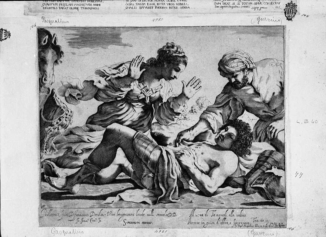 Erminia scopre Tancredi ferito (stampa) di Barbieri Giovanni Francesco detto Guercino, Pasqualini Giovan Battista (sec. XVII)