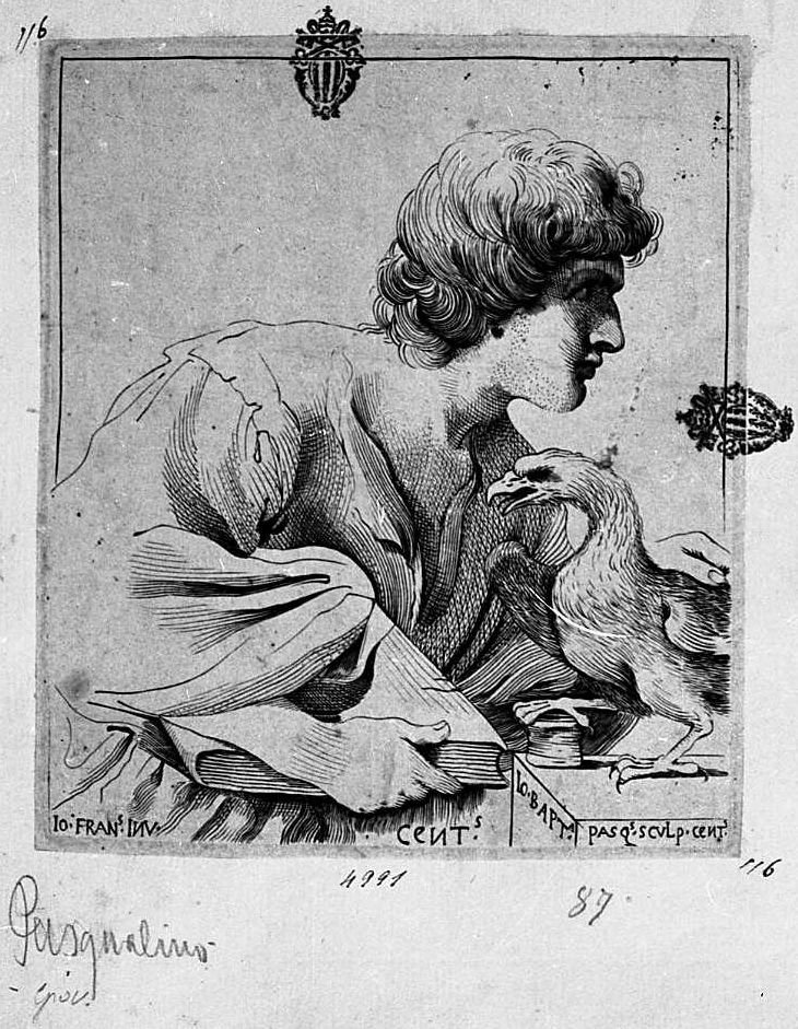 san Giovanni Evangelista (stampa) di Barbieri Giovanni Francesco detto Guercino, Pasqualini Giovan Battista (sec. XVII)
