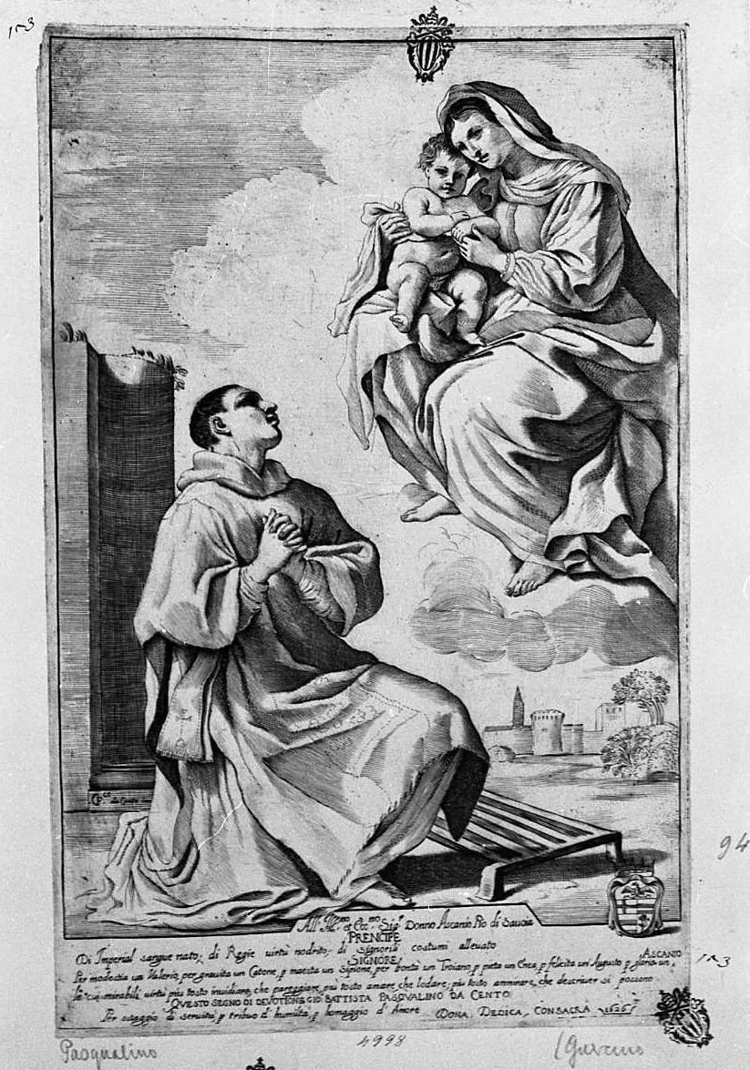 apparizione della Madonna con il Bambino a san Lorenzo (stampa) di Barbieri Giovanni Francesco detto Guercino, Pasqualini Giovan Battista (sec. XVII)