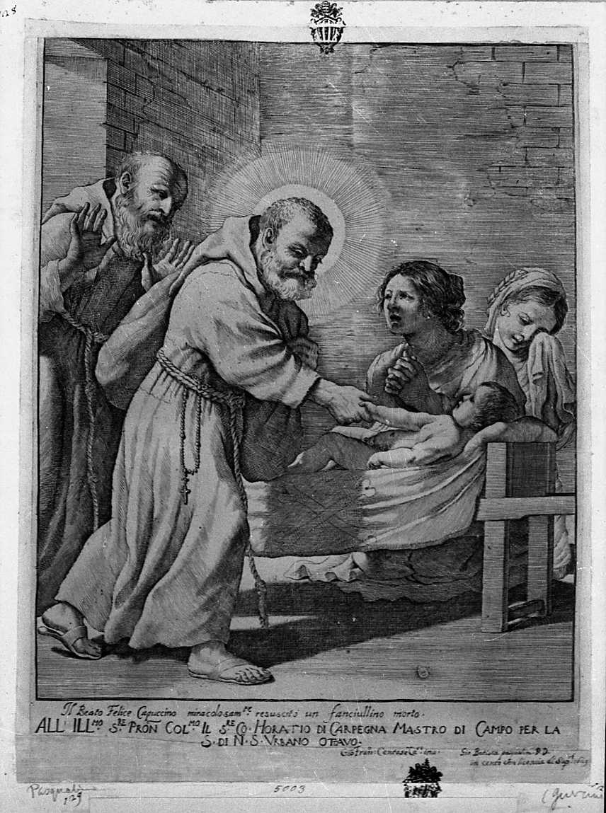 miracolo del beato Felice cappuccino (stampa) di Barbieri Giovanni Francesco detto Guercino, Pasqualini Giovan Battista (sec. XVII)