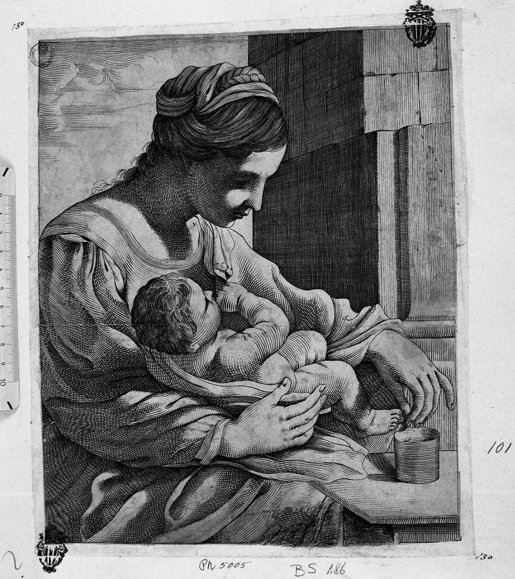 Madonna della pappa, Madonna con Bambino (stampa smarginata) di Barbieri Giovanni Francesco detto Guercino, Pasqualini Giovan Battista (sec. XVII)