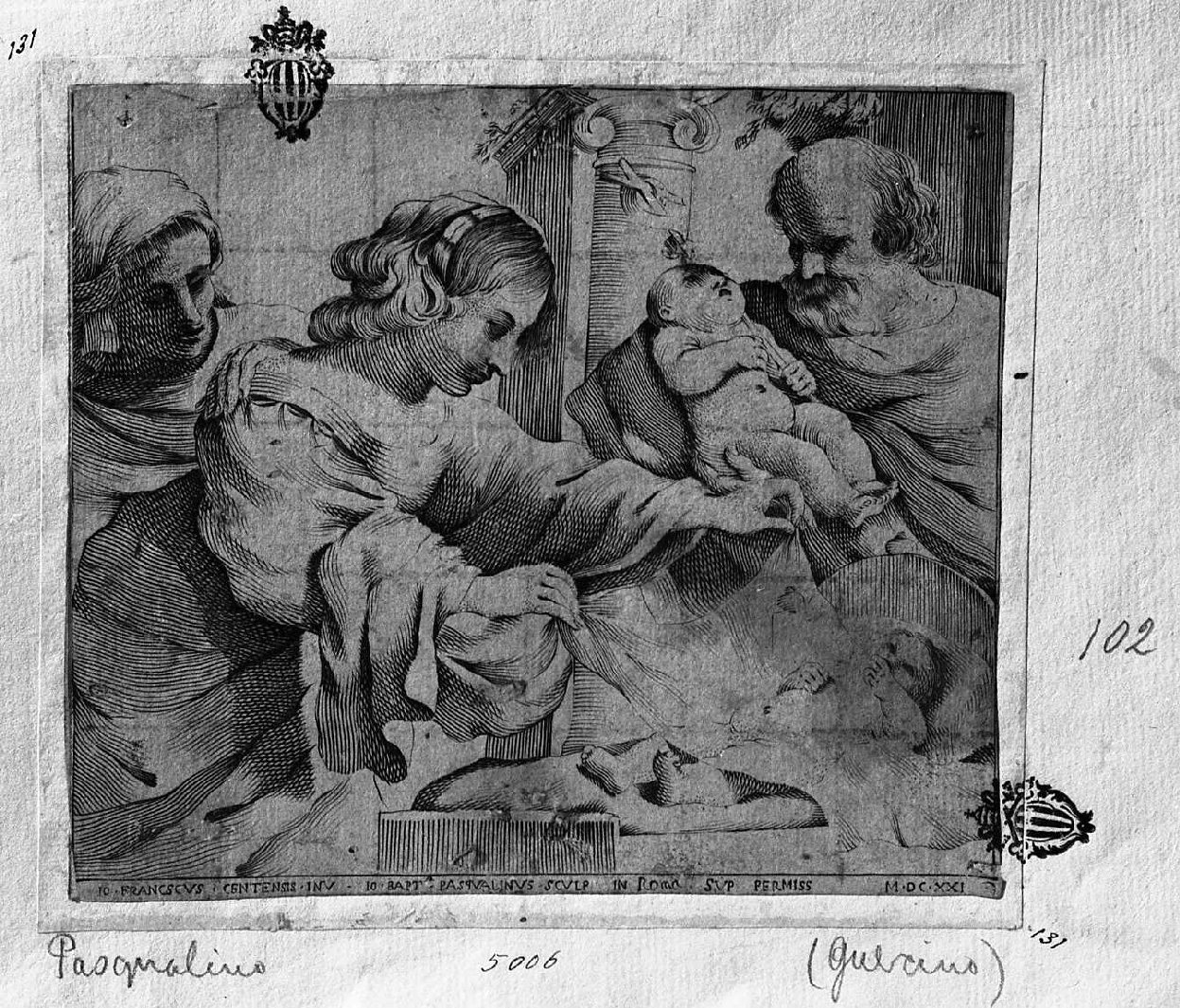 Sacra Famiglia con san Giovanni Battista e sant'Anna (stampa smarginata) di Barbieri Giovanni Francesco detto Guercino, Pasqualini Giovan Battista (sec. XVII)