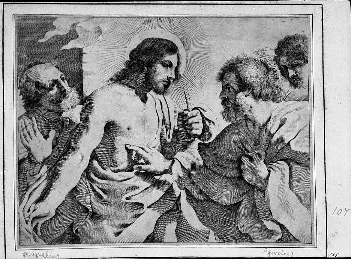 incredulità di san Tommaso (stampa smarginata) di Barbieri Giovanni Francesco detto Guercino, Pasqualini Giovan Battista (sec. XVII)