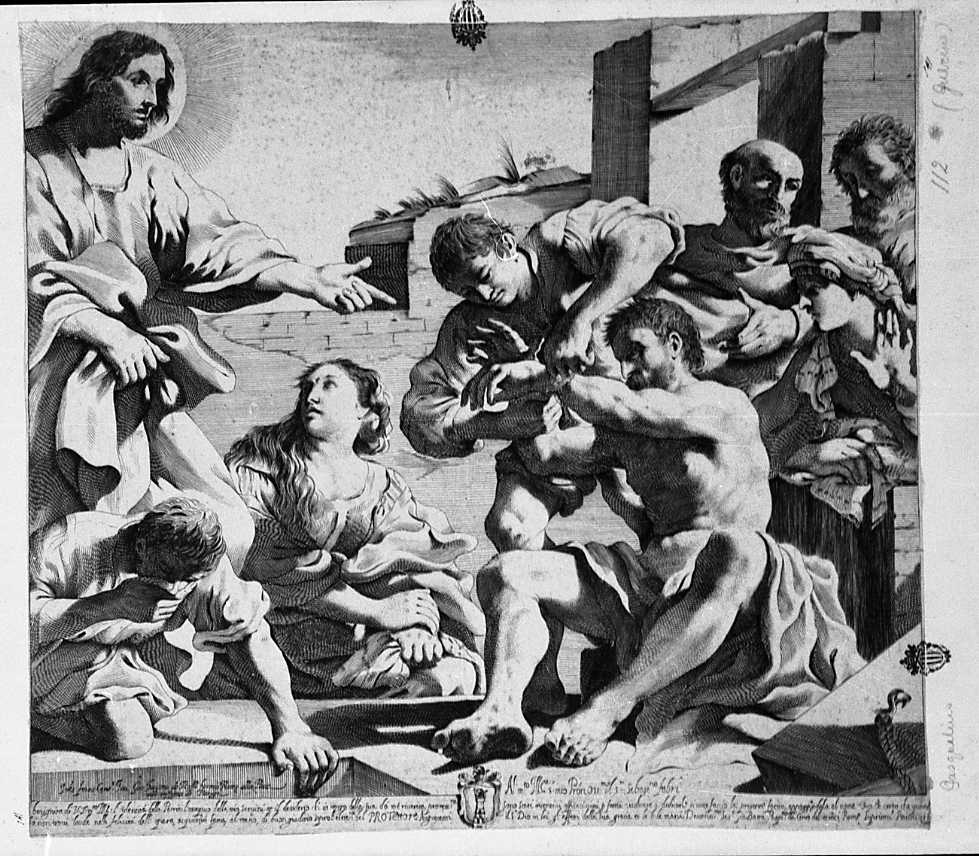 resurrezione di Lazzaro (stampa smarginata) di Barbieri Giovanni Francesco detto Guercino, Pasqualini Giovan Battista (sec. XVII)