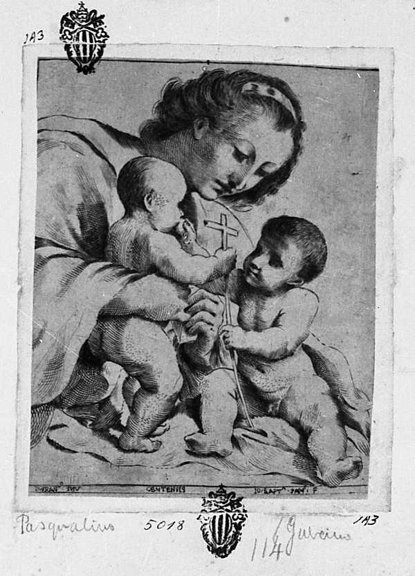 Madonna con Bambino e san Giovannino (stampa smarginata) di Barbieri Giovanni Francesco detto Guercino, Pasqualini Giovan Battista (sec. XVII)