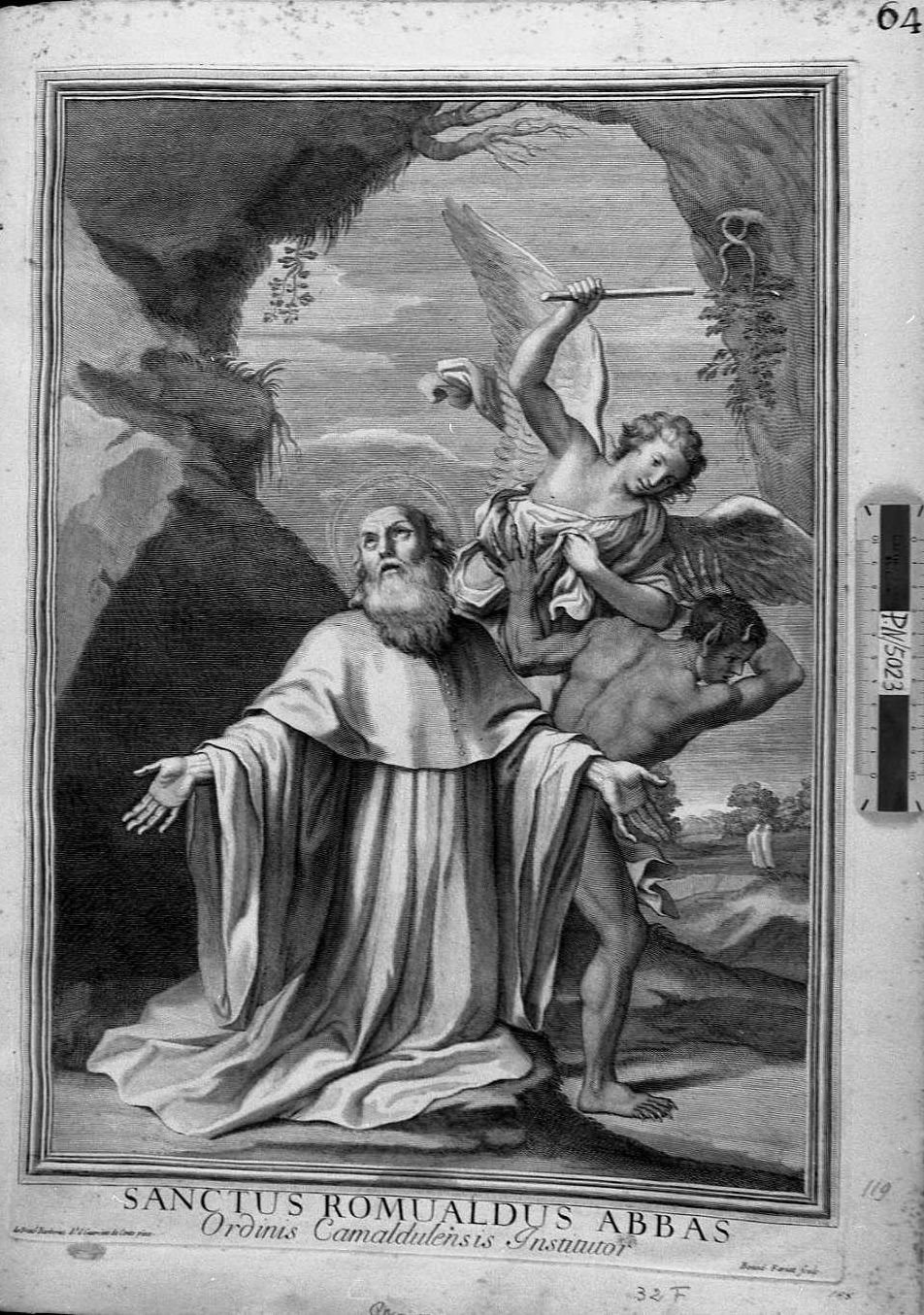 san Romualdo tentato dal demonio (stampa) di Barbieri Giovanni Francesco detto Guercino, Farjat Benoit (secc. XVII/ XVIII)