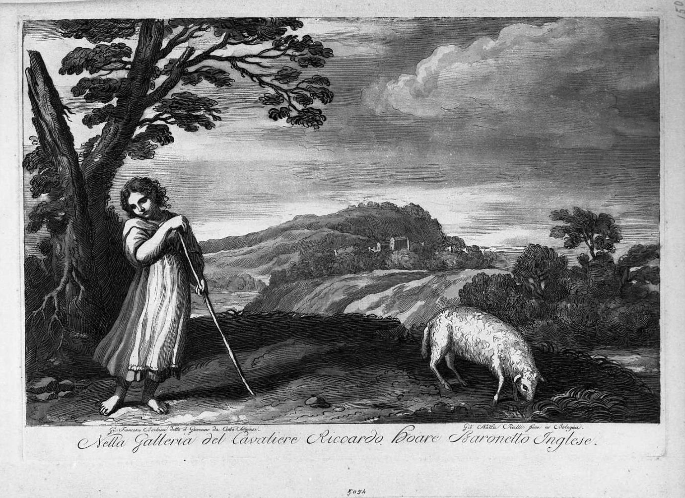 paesaggio con pastorello (stampa smarginata) di Barbieri Giovanni Francesco detto Guercino, Frulli Giovan Battista (sec. XIX)