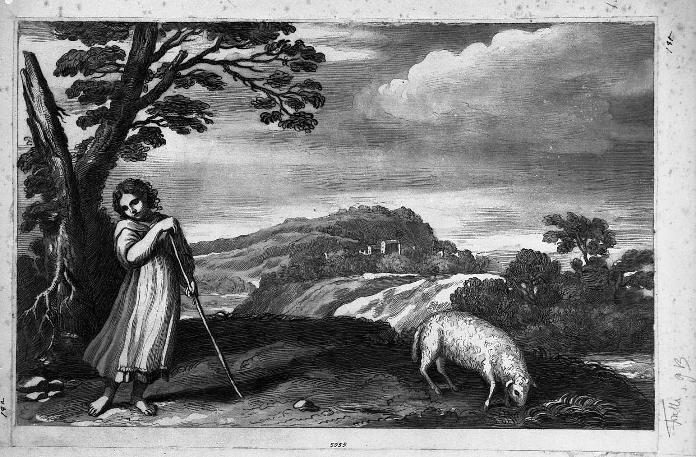 paesaggio con pastorello (stampa) di Barbieri Giovanni Francesco detto Guercino, Frulli Giovan Battista (sec. XIX)