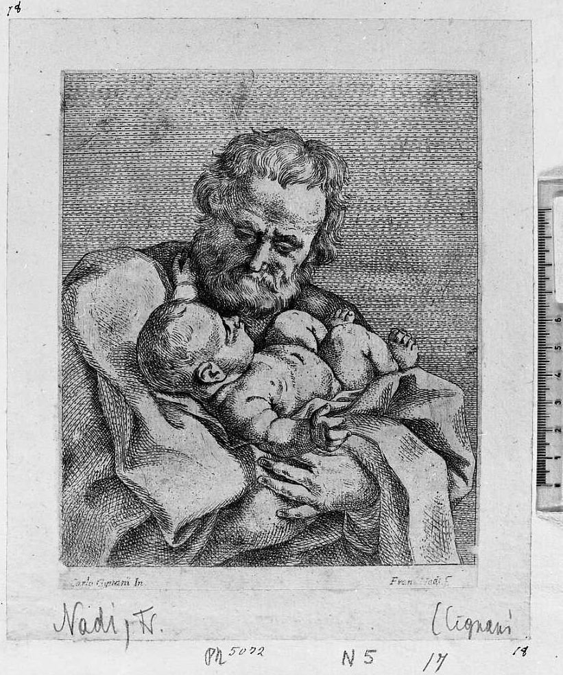 san Giuseppe e Gesù Bambino (stampa smarginata) di Cignani Carlo, Nadi Francesco (sec. XVIII)