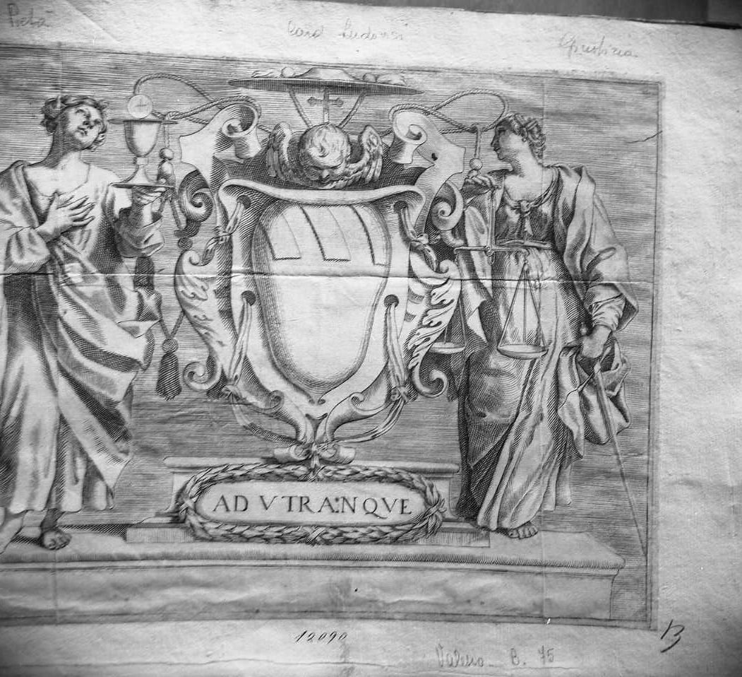 Stemma del cardinale Ludovisi fra Pietà e Giustizia "AD VTRANQUE..." (stampa) di Valesio Giovanni Luigi (secc. XVI/ XVII)