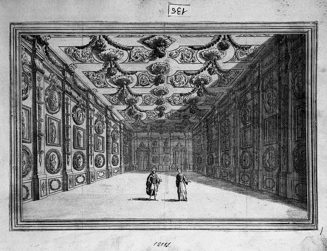 Scenografia: salone con coppia al centro (stampa) di Buffagnotti Carlo Antonio (attribuito) (sec. XVII)