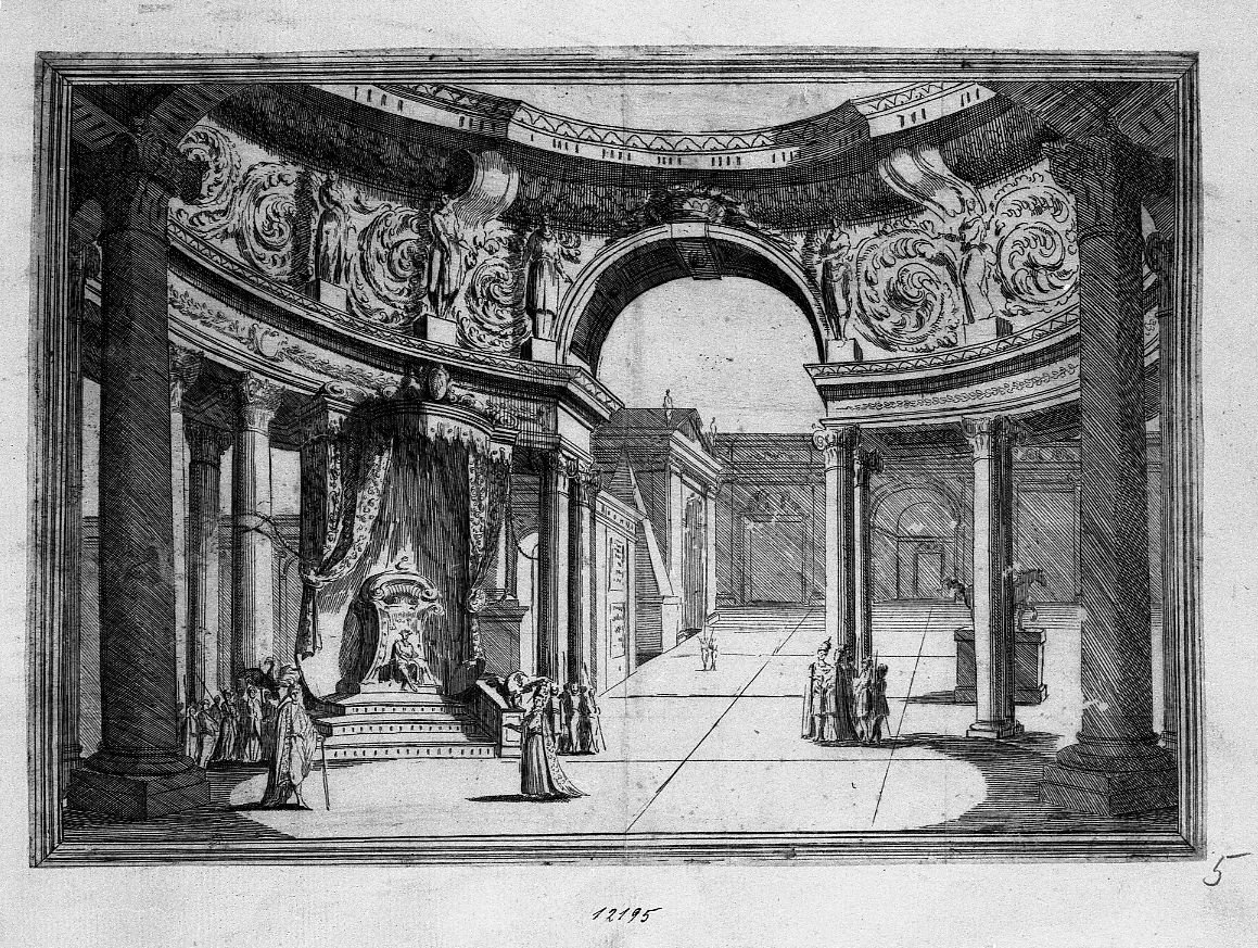 Scenografia: salone del trono (stampa) di Buffagnotti Carlo Antonio (attribuito) (sec. XVII)