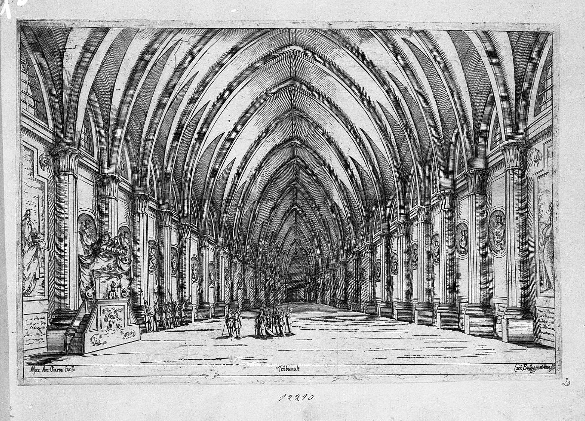 Scenografia: tribunale (stampa) di Buffagnotti Carlo Antonio (sec. XVII)