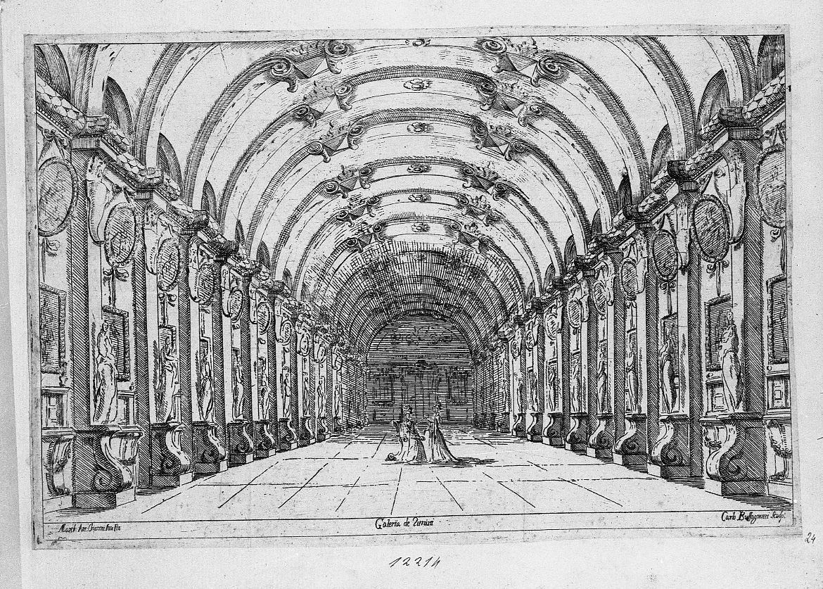 Scenografia: galeria dè Turani (stampa) di Buffagnotti Carlo Antonio (sec. XVII)